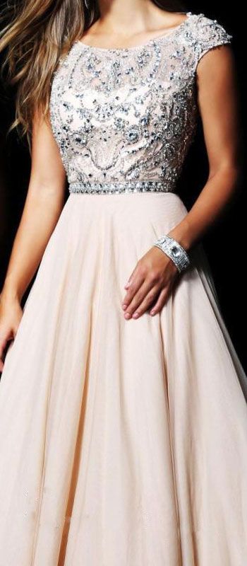 Elegant A-line Scoop Capped Beading Floor-length Champagne Homecoming/prom Dresses